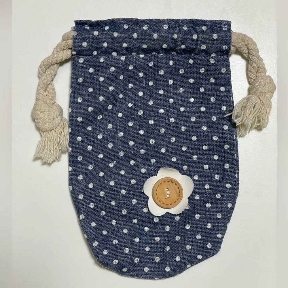 Polka Dot Drawstring Bag with Rope Handles & Cute Button Flower
